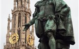 Antverpy - Belgie - Antverpy,  P.P.Rubens a věž katedrály, památka UNESCO (zvonice Flander), první Vlám co měl sochu, W.Geefts, 1843