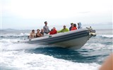 Sardinie, rajský ostrov nurágů v tyrkysovém moři chata 2019 - Itálie - Sardinie - čluny se řítí po hladině Golfo de Orosei