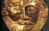 Řecko, za starověkými památkami letecky 2022 - Řecko, Athény, muzeum, zlatá  tzv. Agamemnonova maska z vykopávek v Mykénách